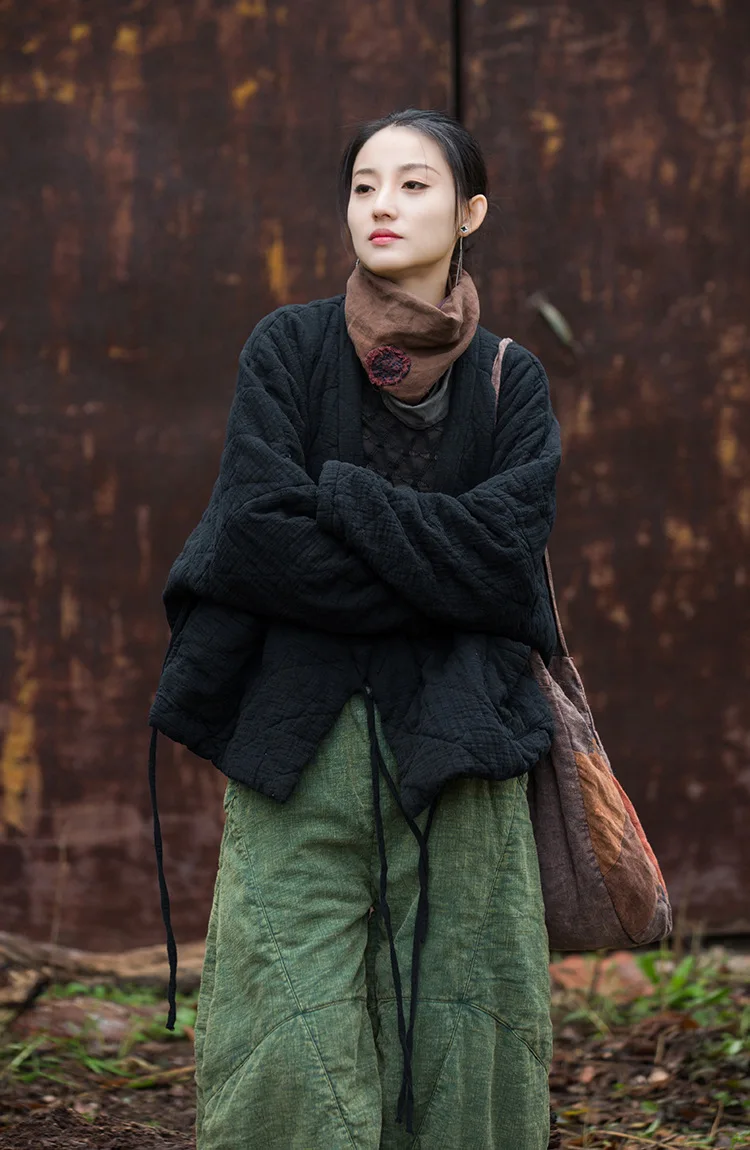 Johnature Winter Chinese Style Parkas For Women Bandage Plus Cotton Coats 2025 Long Sleeve Loose Pockets Vintage Cotton Parkas