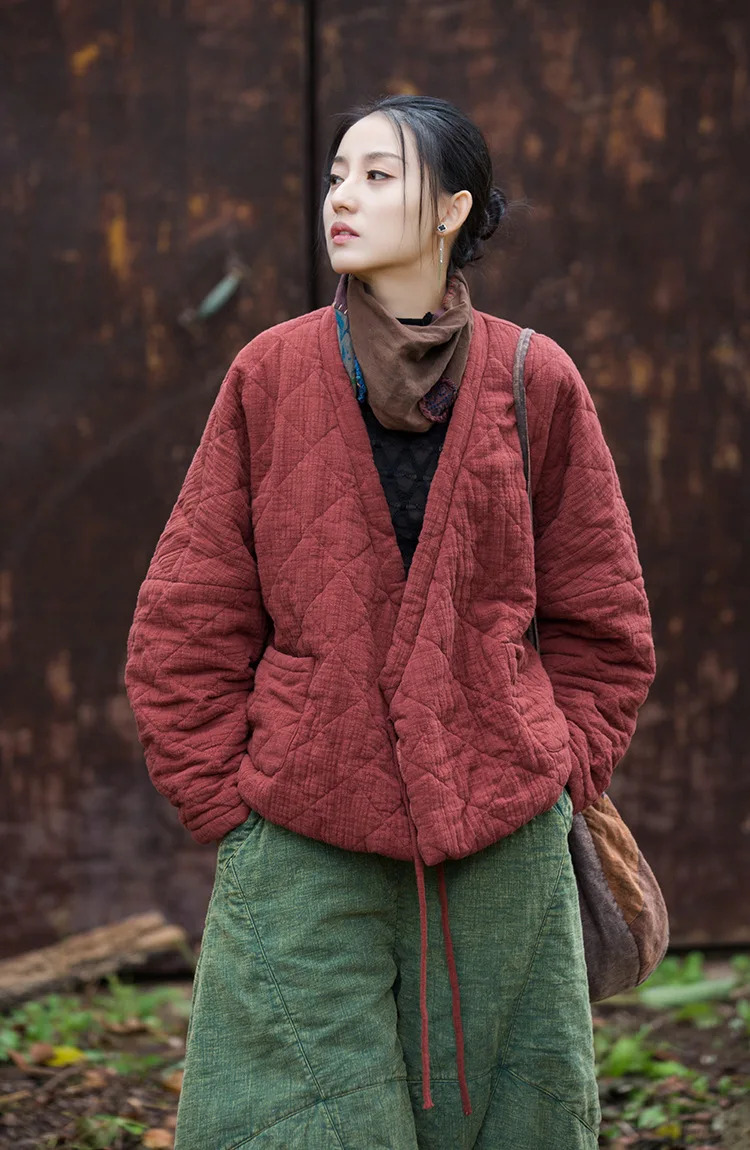 Johnature Winter Chinese Style Parkas For Women Bandage Plus Cotton Coats 2025 Long Sleeve Loose Pockets Vintage Cotton Parkas