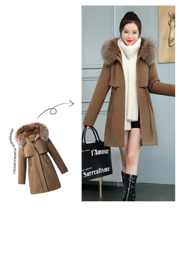 2026 New Women Winter Jacket 8XL Slim Long Coat Casual Parkas Big Fur Collar Wool Liner Hooded Outwear Cotton Warm Coats Female