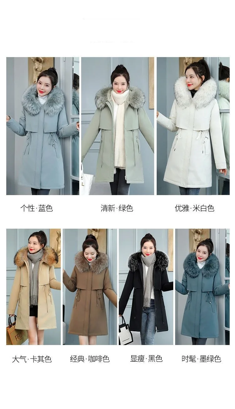 2026 New Women Winter Jacket 8XL Slim Long Coat Casual Parkas Big Fur Collar Wool Liner Hooded Outwear Cotton Warm Coats Female