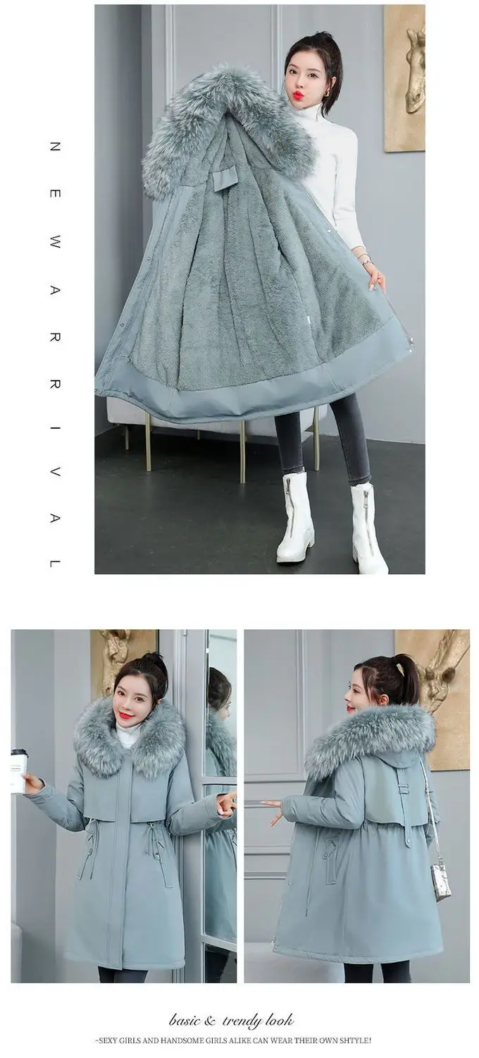 2026 New Women Winter Jacket 8XL Slim Long Coat Casual Parkas Big Fur Collar Wool Liner Hooded Outwear Cotton Warm Coats Female