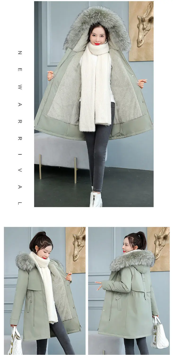 2026 New Women Winter Jacket 8XL Slim Long Coat Casual Parkas Big Fur Collar Wool Liner Hooded Outwear Cotton Warm Coats Female