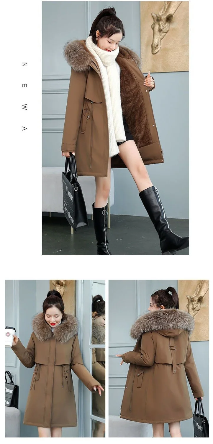 2026 New Women Winter Jacket 8XL Slim Long Coat Casual Parkas Big Fur Collar Wool Liner Hooded Outwear Cotton Warm Coats Female