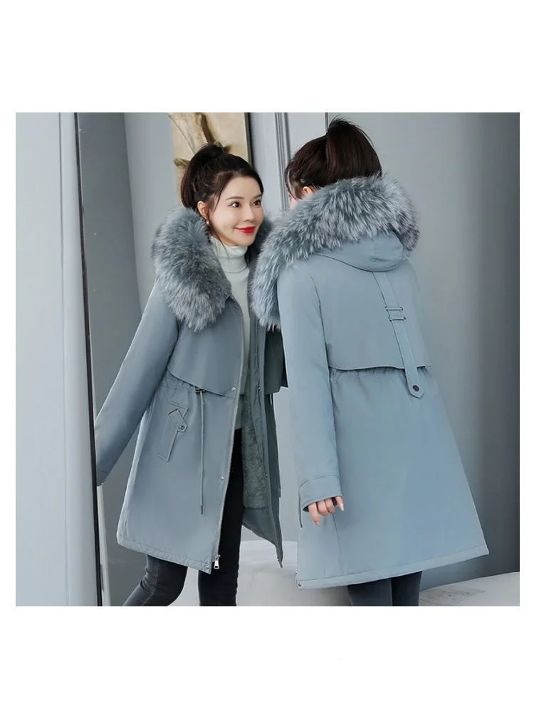 2026 New Women Winter Jacket 8XL Slim Long Coat Casual Parkas Big Fur Collar Wool Liner Hooded Outwear Cotton Warm Coats Female