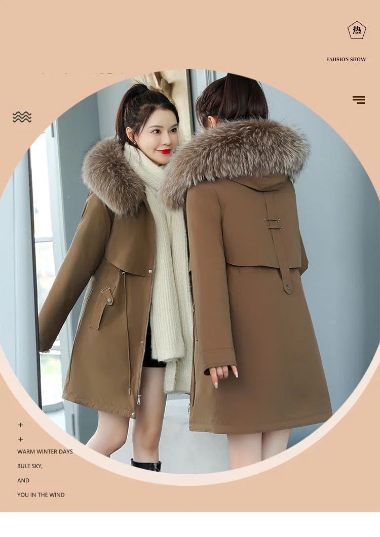 2026 New Women Winter Jacket 8XL Slim Long Coat Casual Parkas Big Fur Collar Wool Liner Hooded Outwear Cotton Warm Coats Female