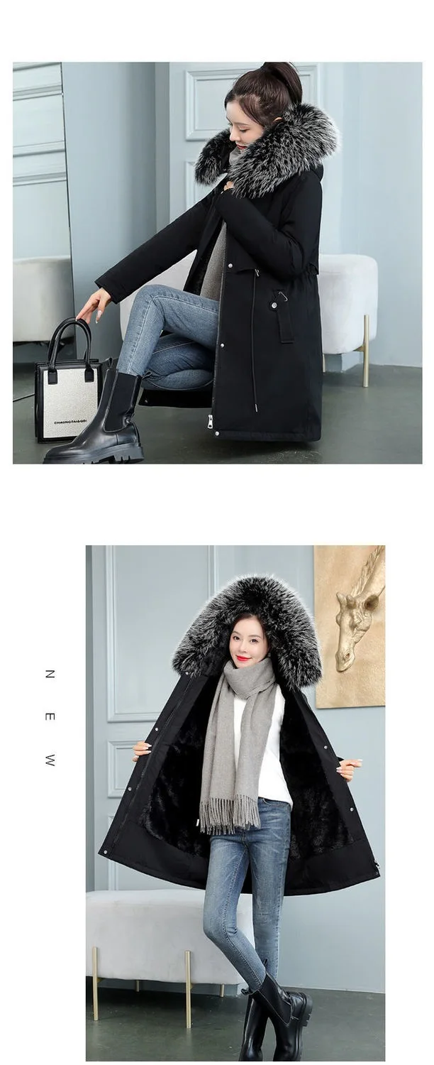 2026 New Women Winter Jacket 8XL Slim Long Coat Casual Parkas Big Fur Collar Wool Liner Hooded Outwear Cotton Warm Coats Female