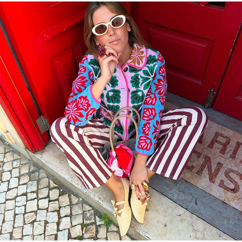2025 Winter Women's Flower Print Parkas Lapel Single-breasted Long Sleeve Pocket Quilted Coat Female Vintege Lady New in Outwear