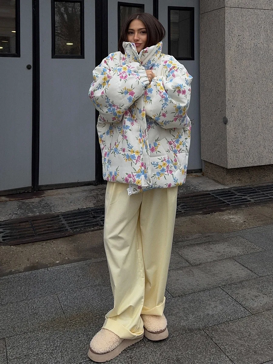 Bornladies New Women's Puffer Jacket Stand Up Collar Zipper Closure Floral Print Warm Cotton Filled Coat Oversized Autumn Winter