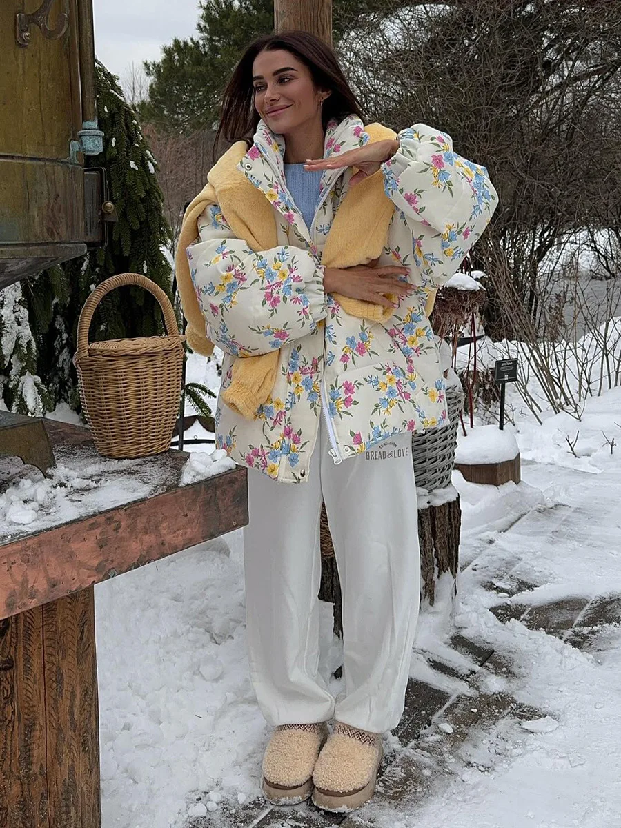 Bornladies New Women's Puffer Jacket Stand Up Collar Zipper Closure Floral Print Warm Cotton Filled Coat Oversized Autumn Winter