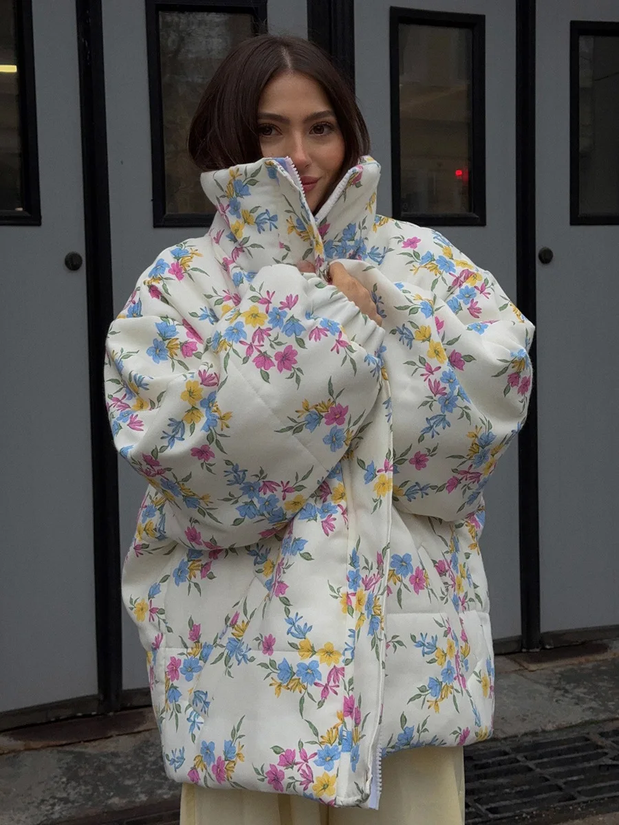 Bornladies New Women's Puffer Jacket Stand Up Collar Zipper Closure Floral Print Warm Cotton Filled Coat Oversized Autumn Winter
