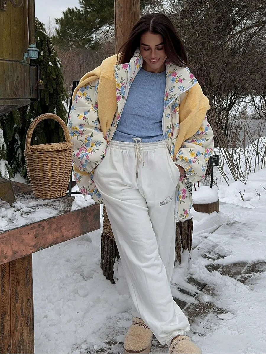 Bornladies New Women's Puffer Jacket Stand Up Collar Zipper Closure Floral Print Warm Cotton Filled Coat Oversized Autumn Winter