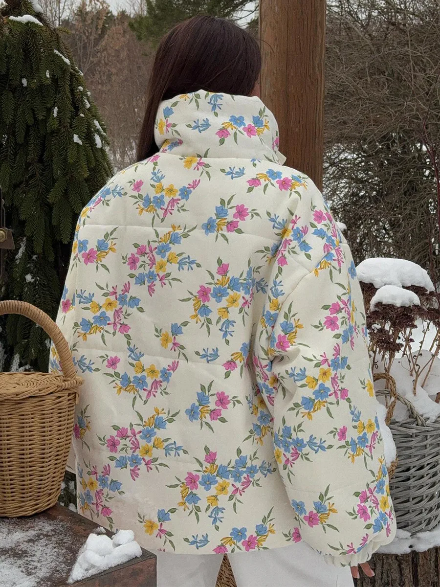 Bornladies New Women's Puffer Jacket Stand Up Collar Zipper Closure Floral Print Warm Cotton Filled Coat Oversized Autumn Winter