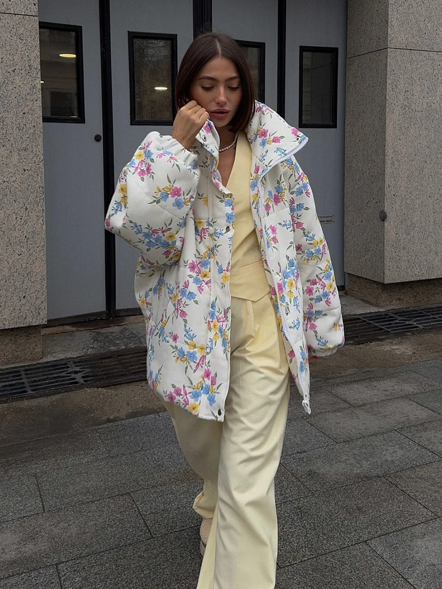 Bornladies New Women's Puffer Jacket Stand Up Collar Zipper Closure Floral Print Warm Cotton Filled Coat Oversized Autumn Winter