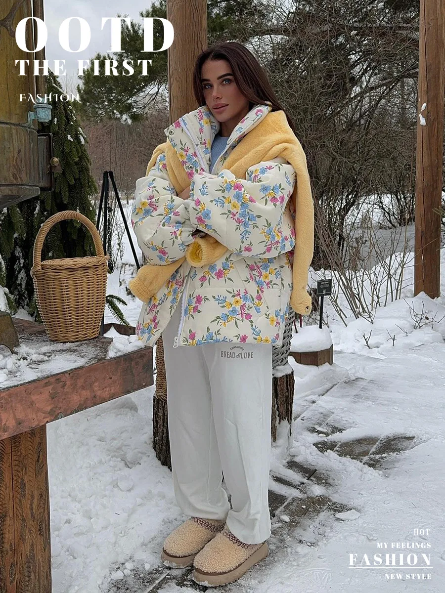 Bornladies New Women's Puffer Jacket Stand Up Collar Zipper Closure Floral Print Warm Cotton Filled Coat Oversized Autumn Winter
