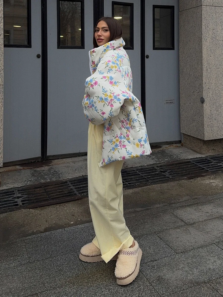 Bornladies New Women's Puffer Jacket Stand Up Collar Zipper Closure Floral Print Warm Cotton Filled Coat Oversized Autumn Winter