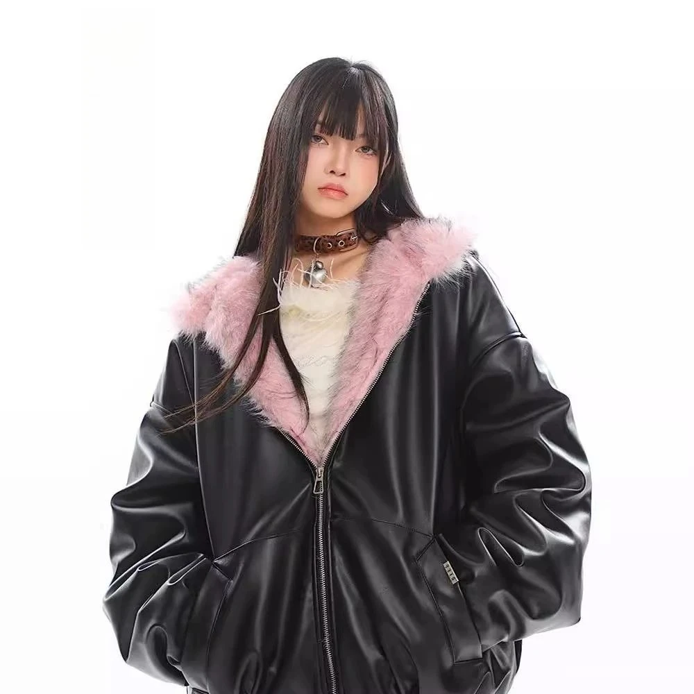 Korea Fuax Fur Hooded Parkas Y2K Coats Vintage Thicken Loose Casual Chaqueta Tops Fashion Snow Wear Women Jackets Abrigos 2027