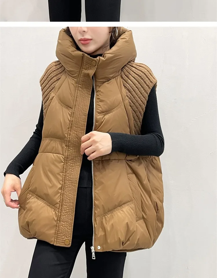 LANMREM Winter Versatile Dowm Vest For Women Hooded Knitted Sleeveless Spliced Solid Color Coat Casual 2024 New Clothing 2VV302