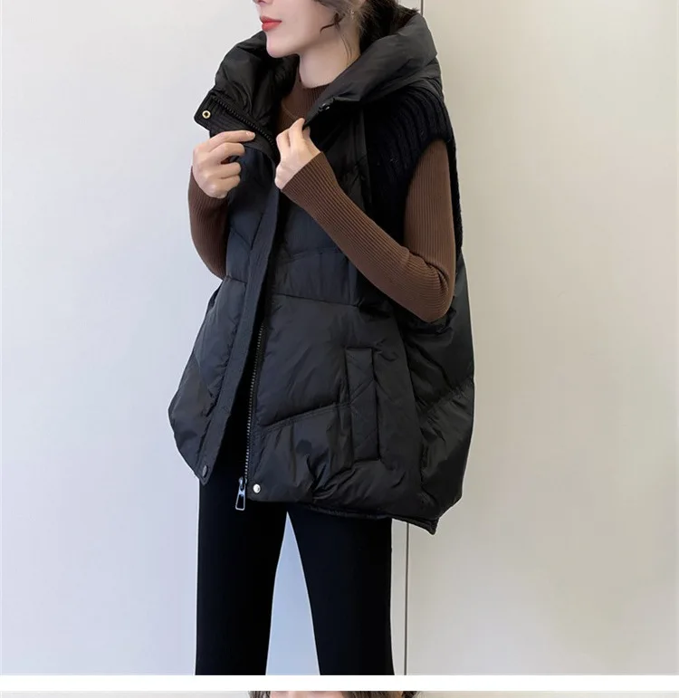LANMREM Winter Versatile Dowm Vest For Women Hooded Knitted Sleeveless Spliced Solid Color Coat Casual 2024 New Clothing 2VV302