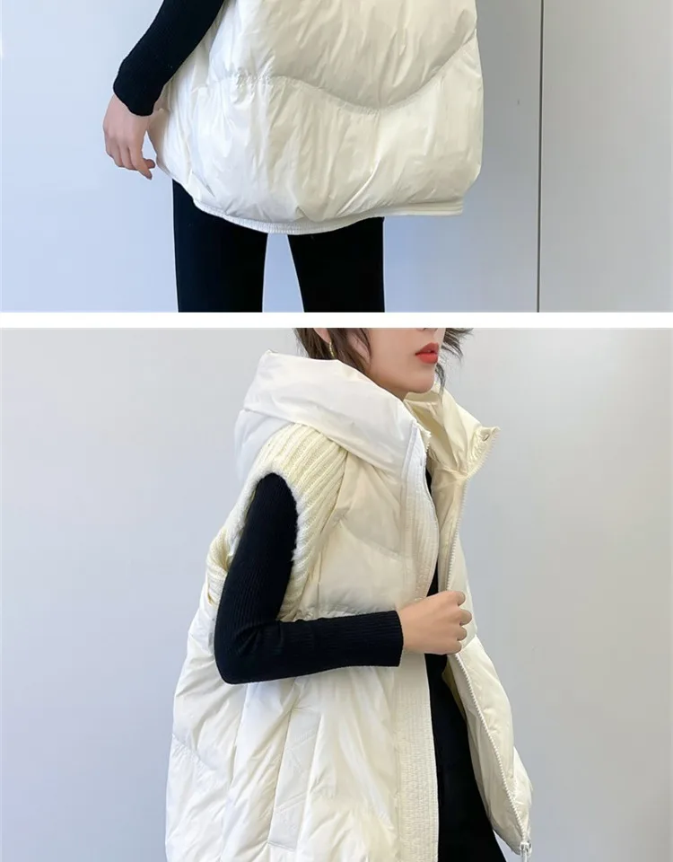 LANMREM Winter Versatile Dowm Vest For Women Hooded Knitted Sleeveless Spliced Solid Color Coat Casual 2024 New Clothing 2VV302