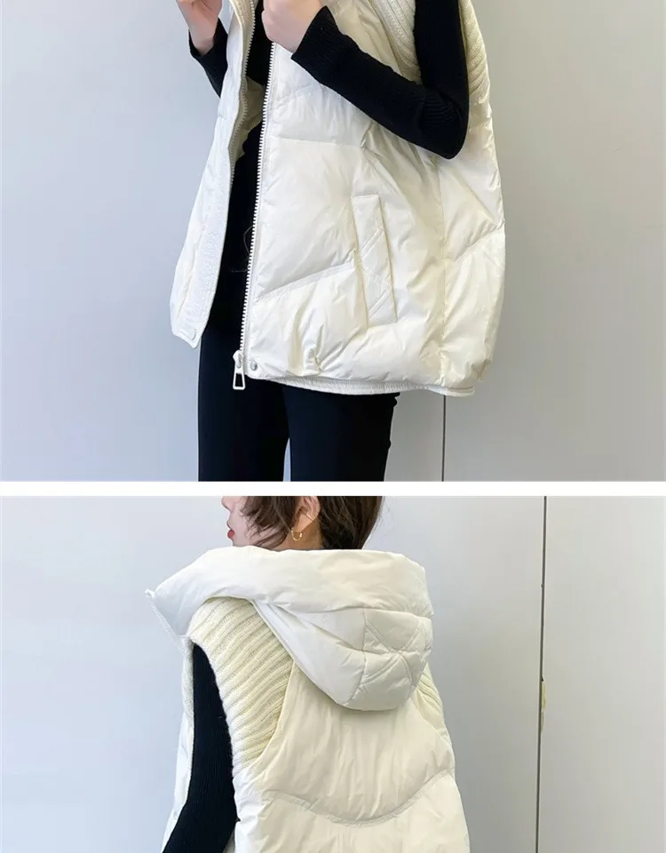 LANMREM Winter Versatile Dowm Vest For Women Hooded Knitted Sleeveless Spliced Solid Color Coat Casual 2024 New Clothing 2VV302