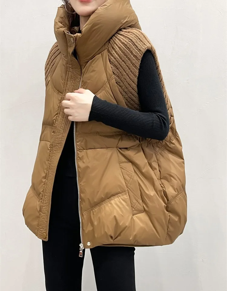 LANMREM Winter Versatile Dowm Vest For Women Hooded Knitted Sleeveless Spliced Solid Color Coat Casual 2024 New Clothing 2VV302
