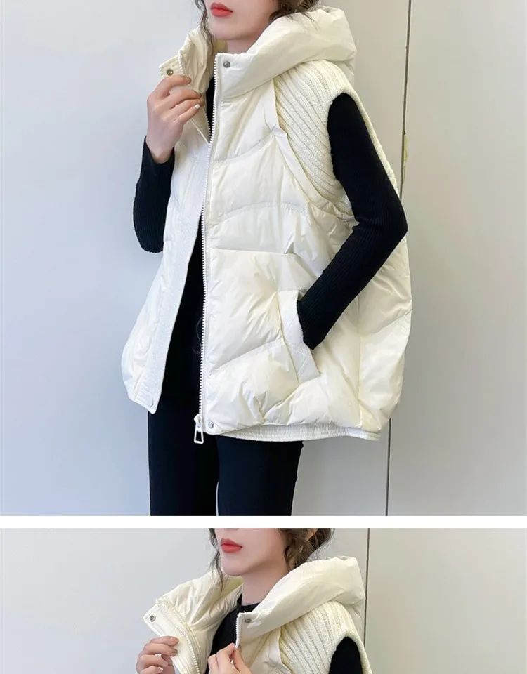 LANMREM Winter Versatile Dowm Vest For Women Hooded Knitted Sleeveless Spliced Solid Color Coat Casual 2024 New Clothing 2VV302
