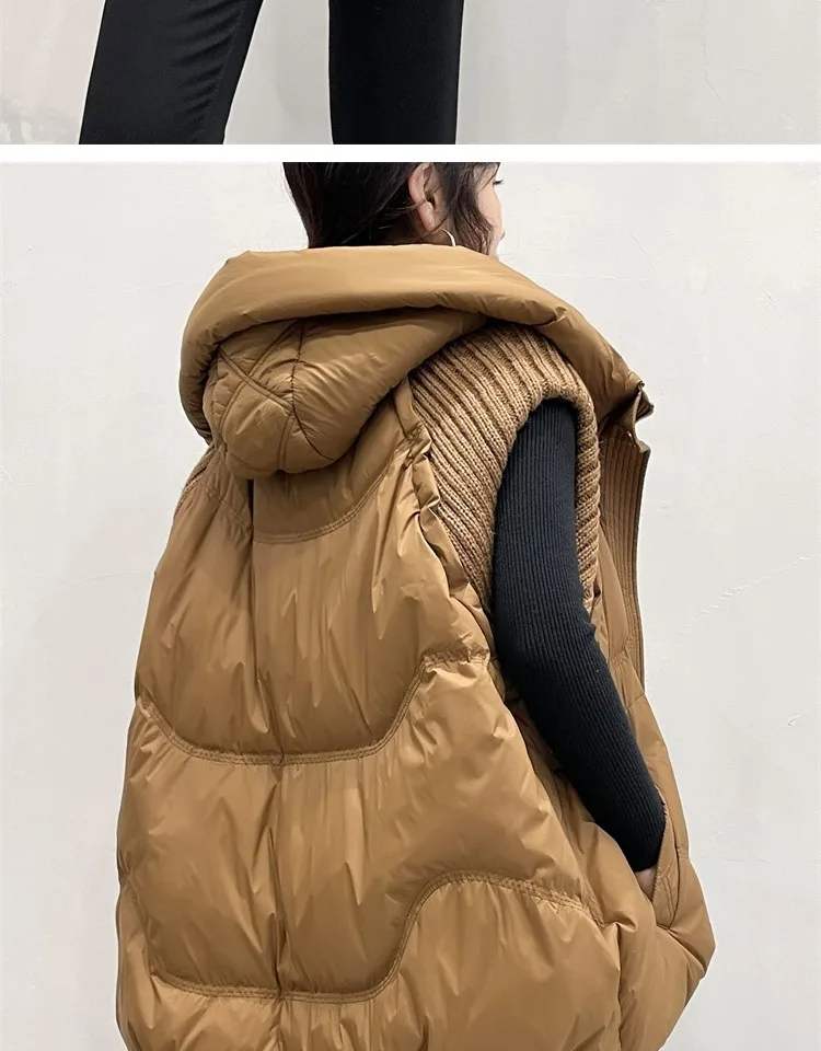 LANMREM Winter Versatile Dowm Vest For Women Hooded Knitted Sleeveless Spliced Solid Color Coat Casual 2024 New Clothing 2VV302
