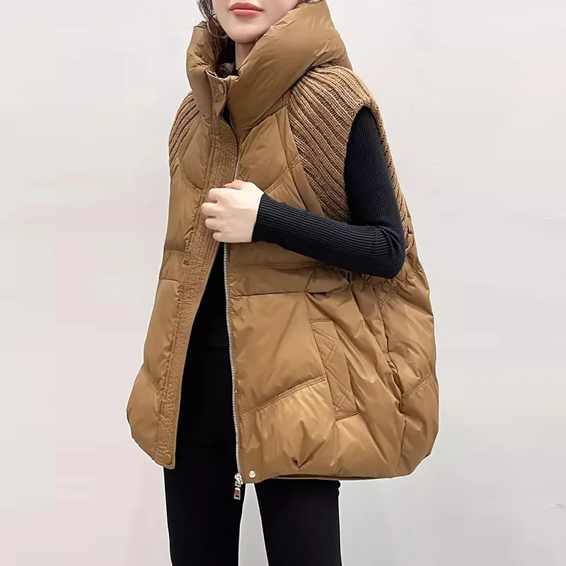 LANMREM Winter Versatile Dowm Vest For Women Hooded Knitted Sleeveless Spliced Solid Color Coat Casual 2024 New Clothing 2VV302