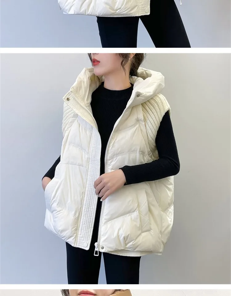 LANMREM Winter Versatile Dowm Vest For Women Hooded Knitted Sleeveless Spliced Solid Color Coat Casual 2024 New Clothing 2VV302