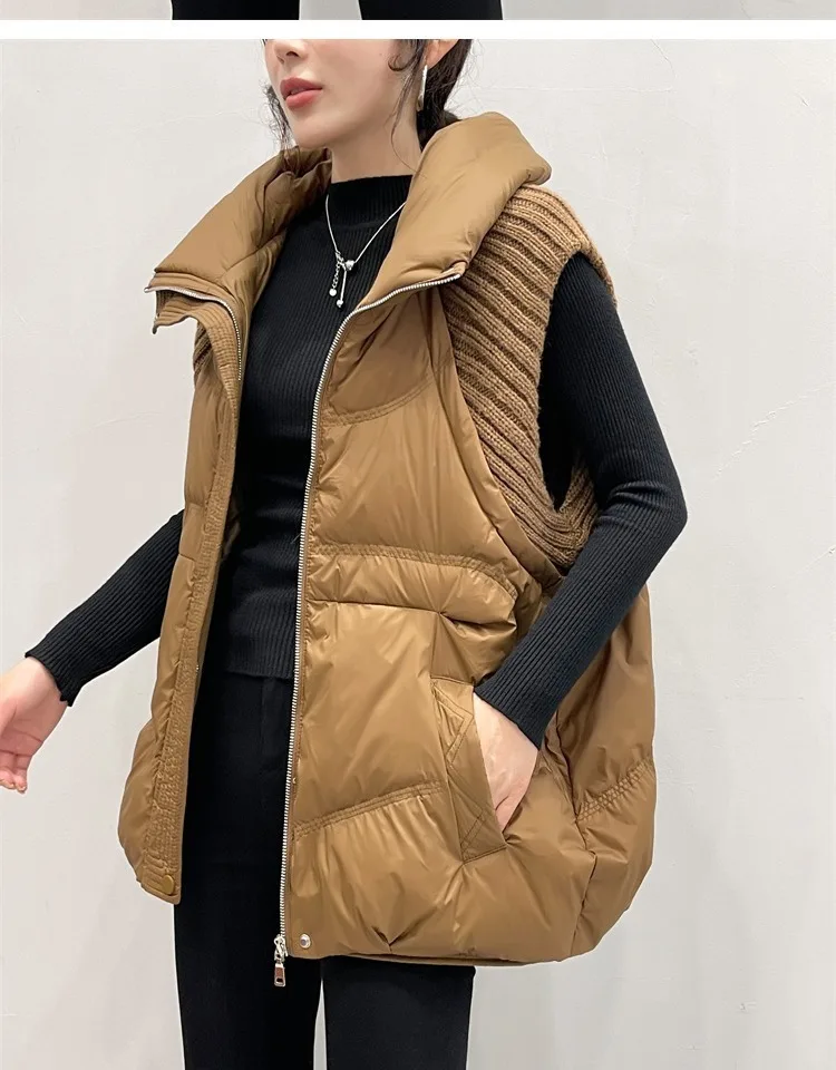 LANMREM Winter Versatile Dowm Vest For Women Hooded Knitted Sleeveless Spliced Solid Color Coat Casual 2024 New Clothing 2VV302