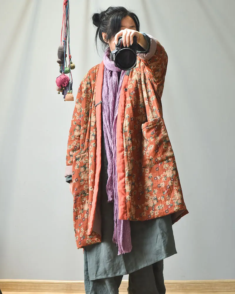 Johnature Women Vintage Print Floral Parkas Cotton Linen Coats Button V-Neck Long Sleeve 2025 Winter New Warm Female Long Coats