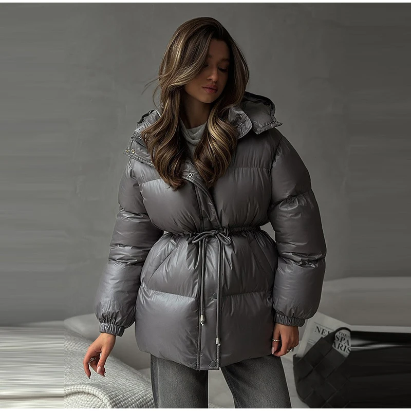 Solid Lace Up Cotton Coat Women Fashion Lapel Long Sleeve Pocket Warm Loose Short Jacket New Lady Winter Commute Street Outwears