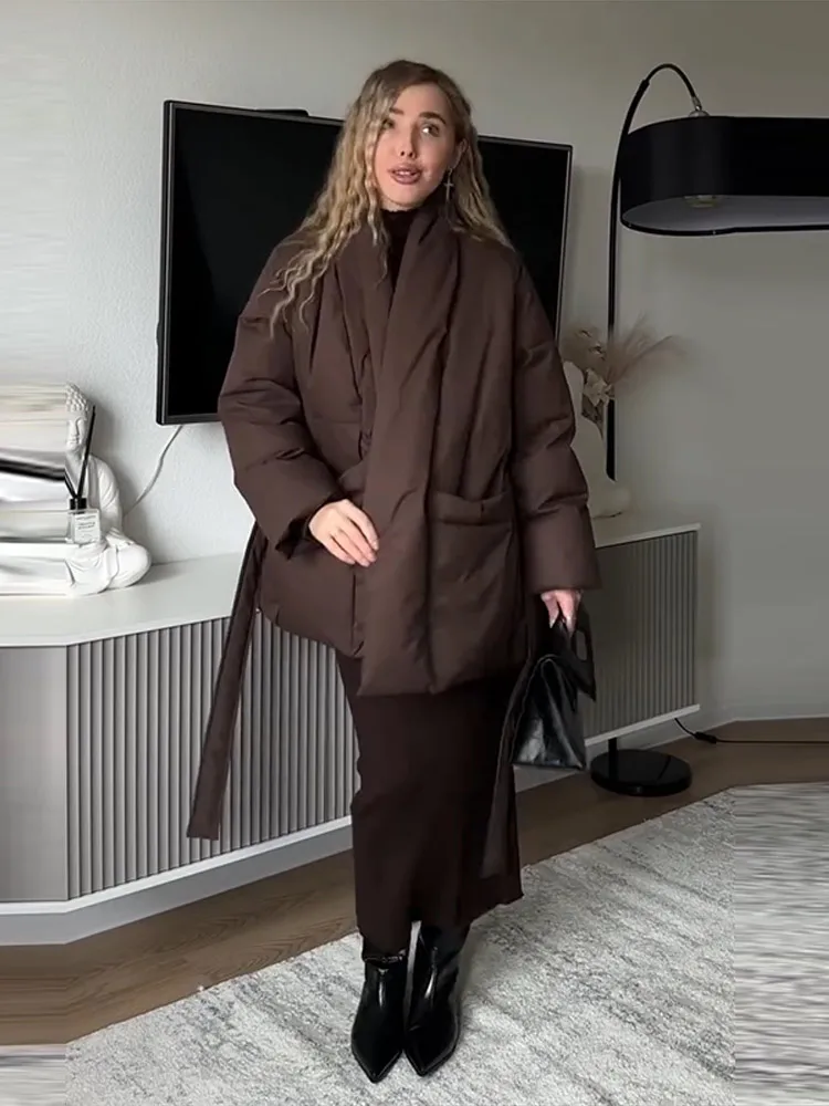 Solid Lace Up Cotton Coat Women Fashion Lapel Long Sleeve Pocket Warm Loose Short Jacket New Lady Winter Commute Street Outwears