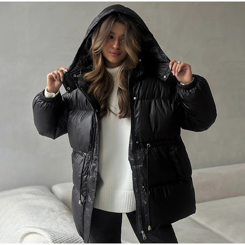 Solid Lace Up Cotton Coat Women Fashion Lapel Long Sleeve Pocket Warm Loose Short Jacket New Lady Winter Commute Street Outwears