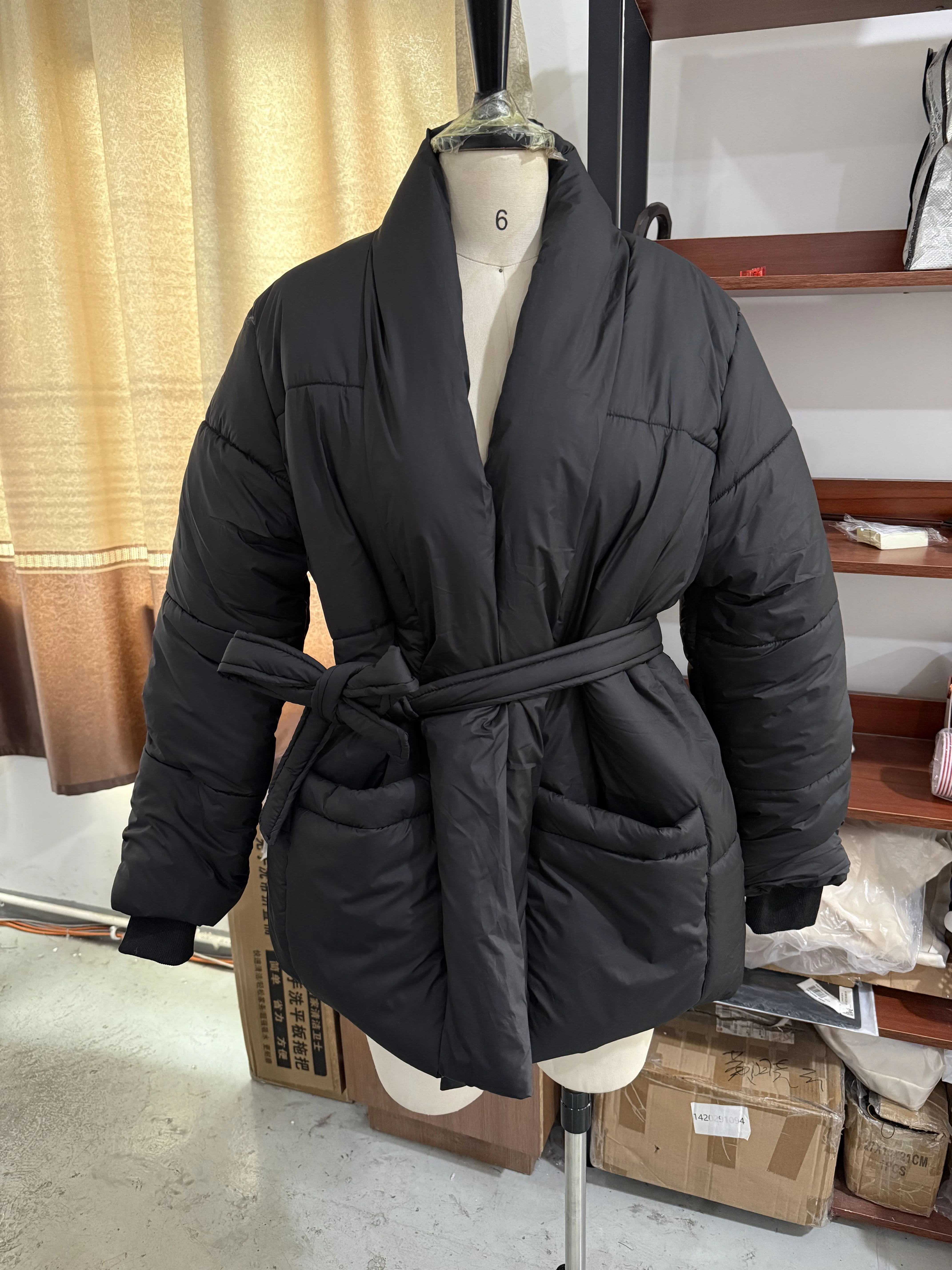 Solid Lace Up Cotton Coat Women Fashion Lapel Long Sleeve Pocket Warm Loose Short Jacket New Lady Winter Commute Street Outwears