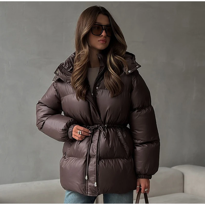 Solid Lace Up Cotton Coat Women Fashion Lapel Long Sleeve Pocket Warm Loose Short Jacket New Lady Winter Commute Street Outwears