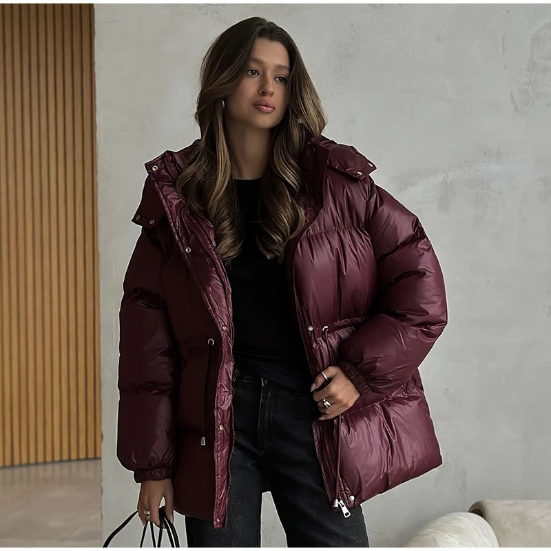 Solid Lace Up Cotton Coat Women Fashion Lapel Long Sleeve Pocket Warm Loose Short Jacket New Lady Winter Commute Street Outwears