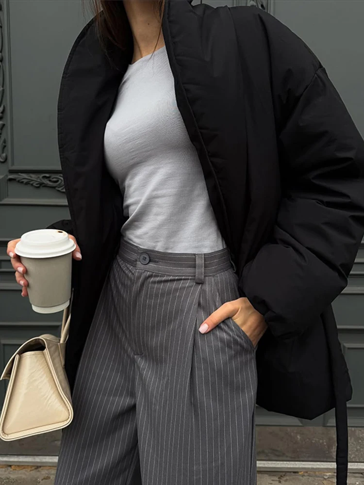 Solid Lace Up Cotton Coat Women Fashion Lapel Long Sleeve Pocket Warm Loose Short Jacket New Lady Winter Commute Street Outwears