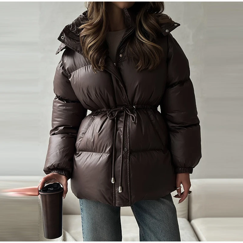 Solid Lace Up Cotton Coat Women Fashion Lapel Long Sleeve Pocket Warm Loose Short Jacket New Lady Winter Commute Street Outwears