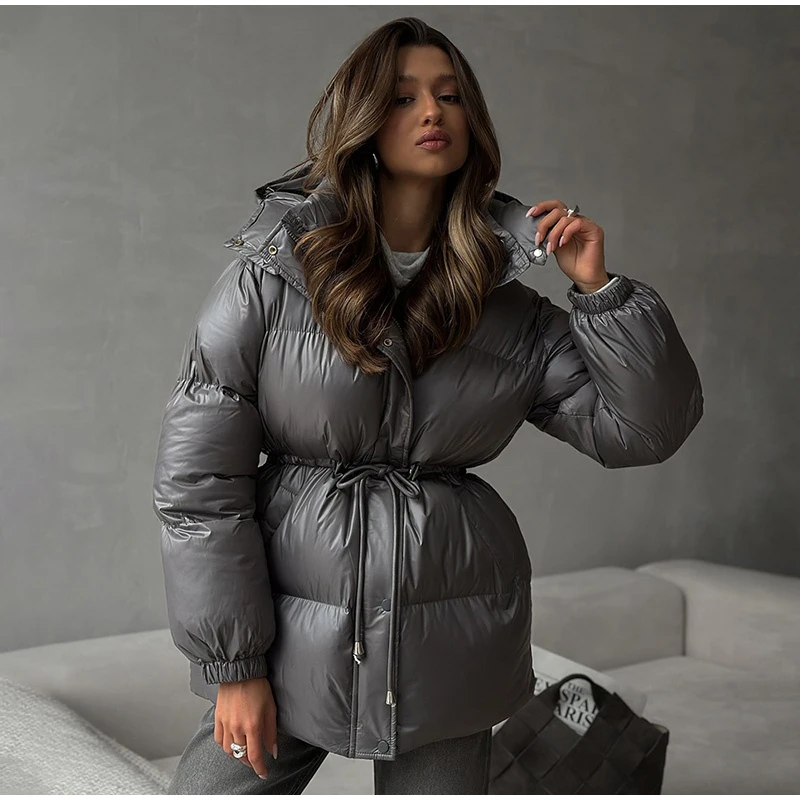 Solid Lace Up Cotton Coat Women Fashion Lapel Long Sleeve Pocket Warm Loose Short Jacket New Lady Winter Commute Street Outwears