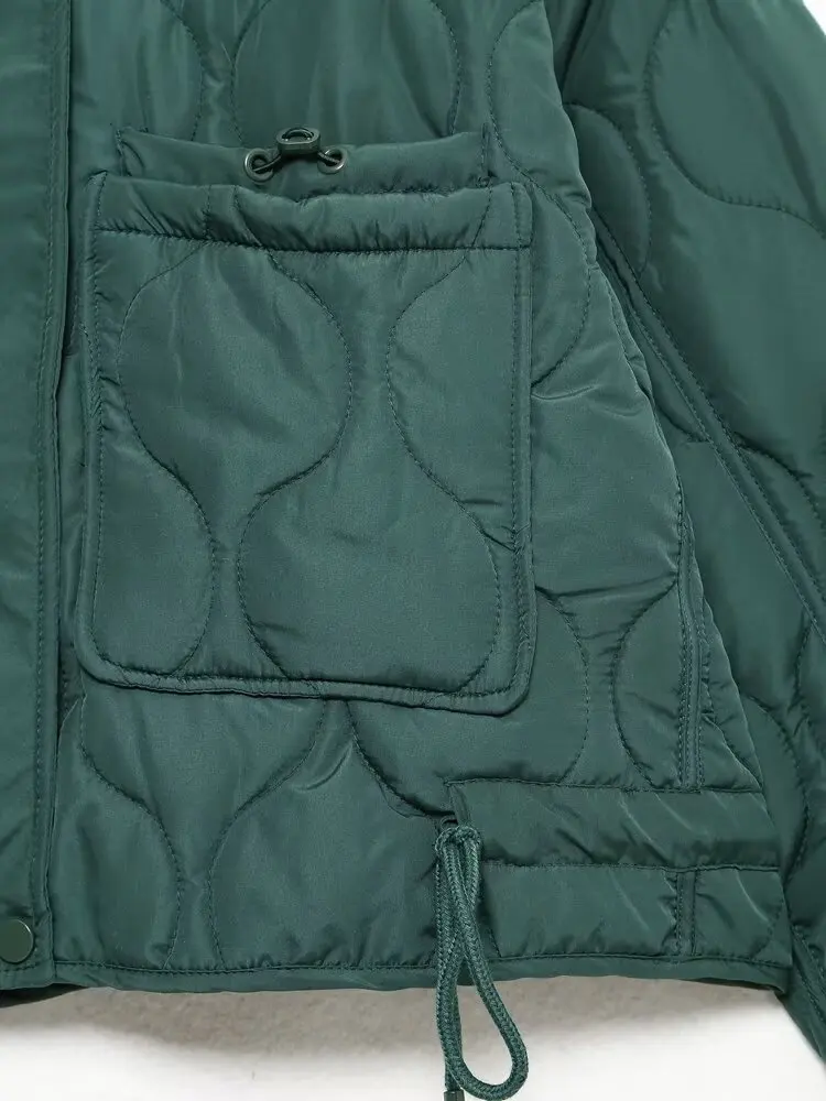 2027 Autumn Winter Women's Vintage Quilted Army Green Padded Coats Lady Elegant Drawstring High Neck Pockets Cotton Jacket Parka
