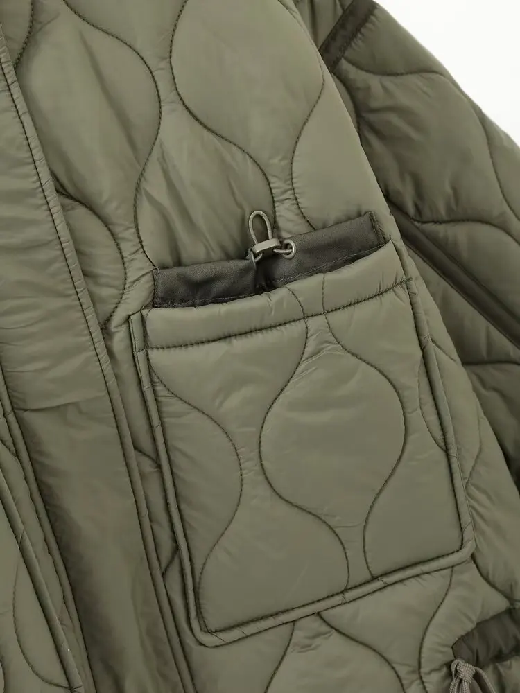 2027 Autumn Winter Women's Vintage Quilted Army Green Padded Coats Lady Elegant Drawstring High Neck Pockets Cotton Jacket Parka