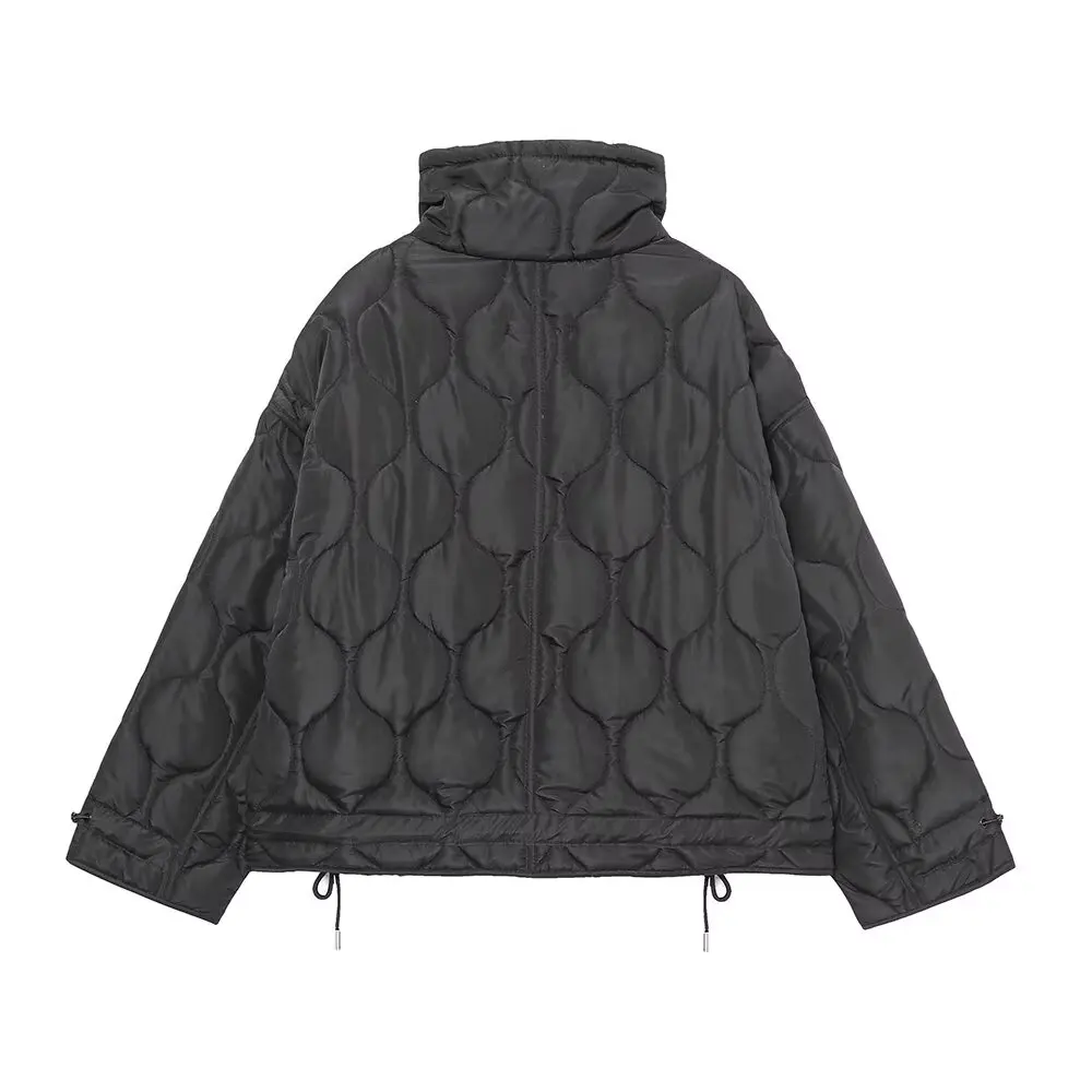 2027 Autumn Winter Women's Vintage Quilted Army Green Padded Coats Lady Elegant Drawstring High Neck Pockets Cotton Jacket Parka