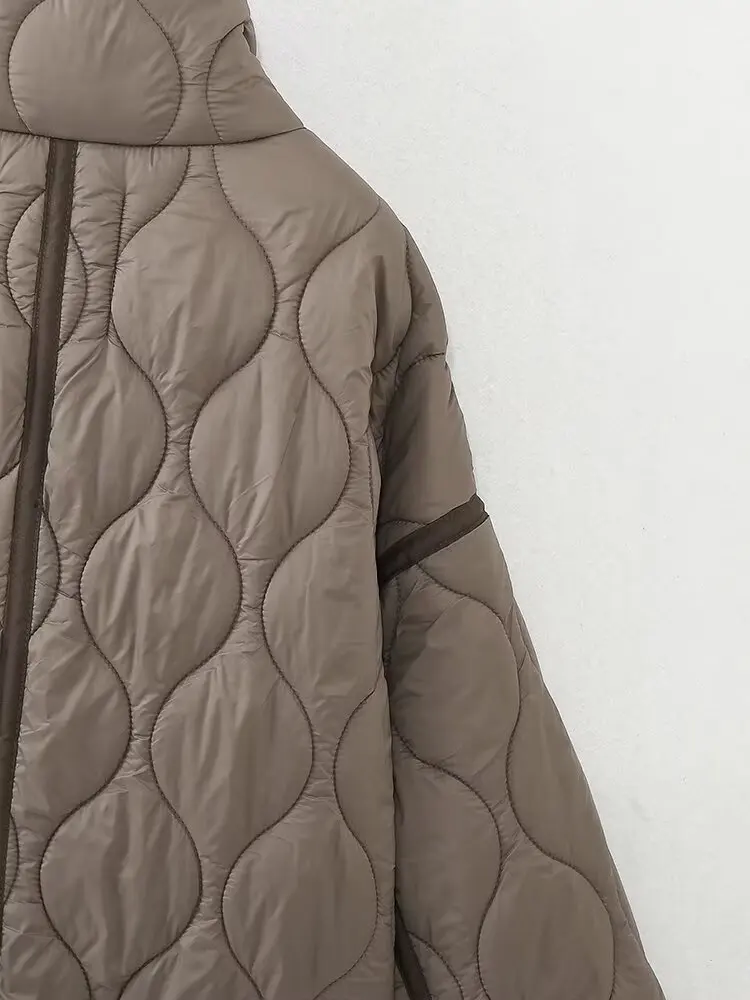 2027 Autumn Winter Women's Vintage Quilted Army Green Padded Coats Lady Elegant Drawstring High Neck Pockets Cotton Jacket Parka