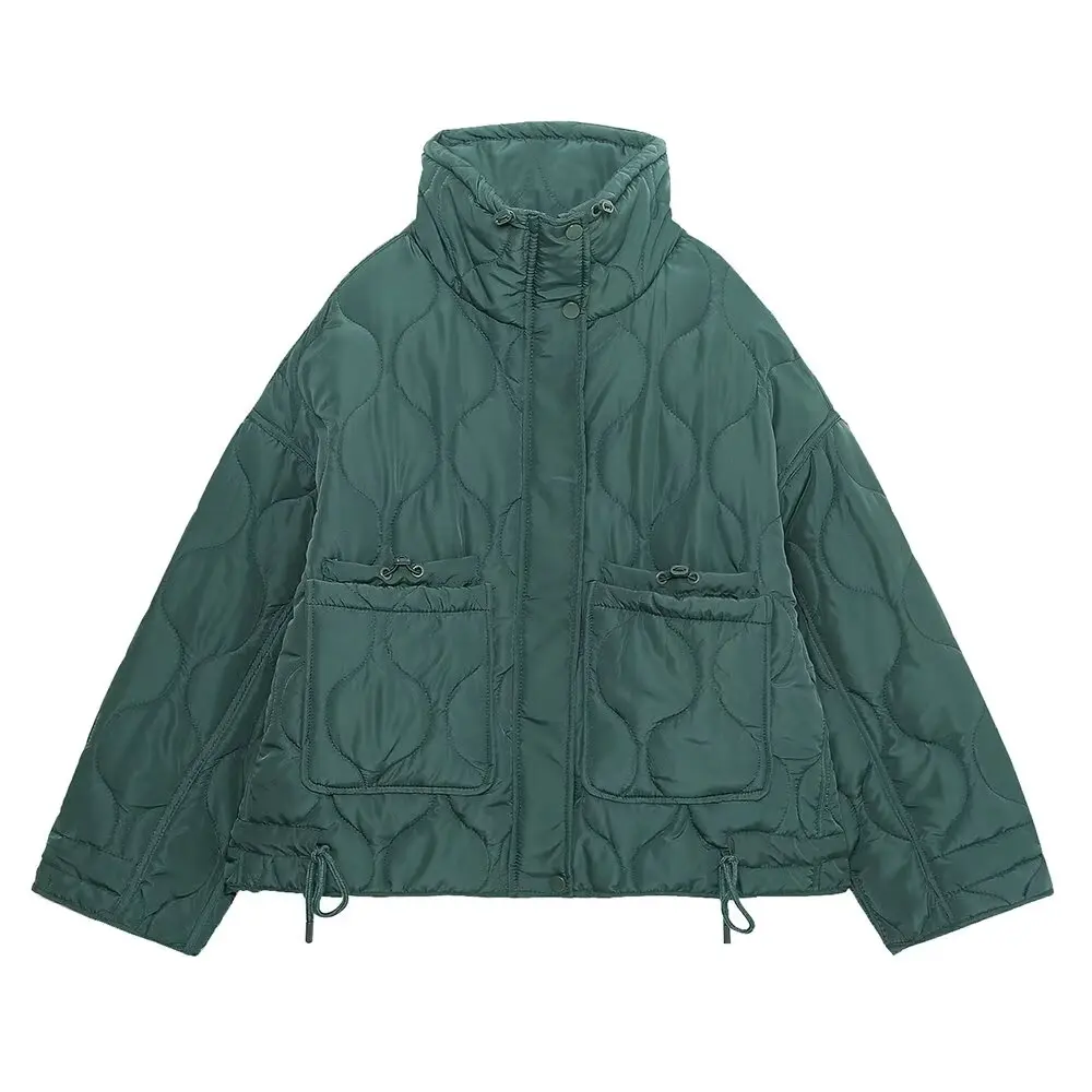 2027 Autumn Winter Women's Vintage Quilted Army Green Padded Coats Lady Elegant Drawstring High Neck Pockets Cotton Jacket Parka