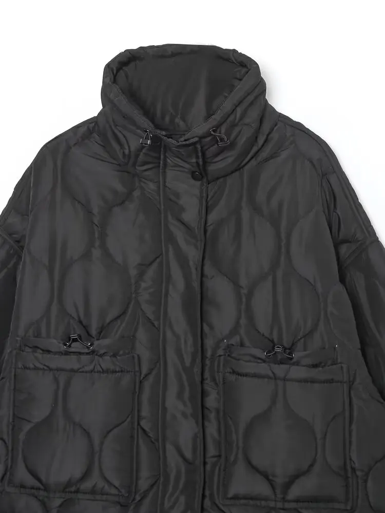 2027 Autumn Winter Women's Vintage Quilted Army Green Padded Coats Lady Elegant Drawstring High Neck Pockets Cotton Jacket Parka