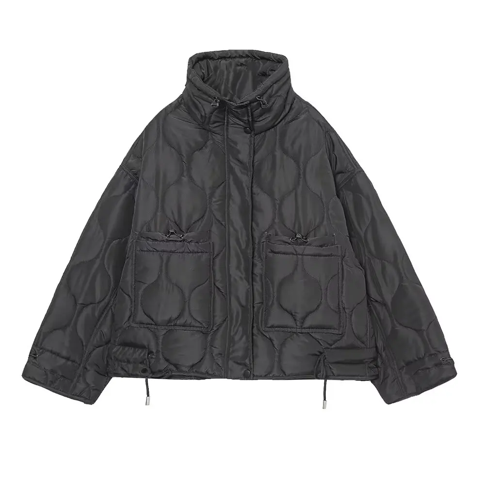 2027 Autumn Winter Women's Vintage Quilted Army Green Padded Coats Lady Elegant Drawstring High Neck Pockets Cotton Jacket Parka