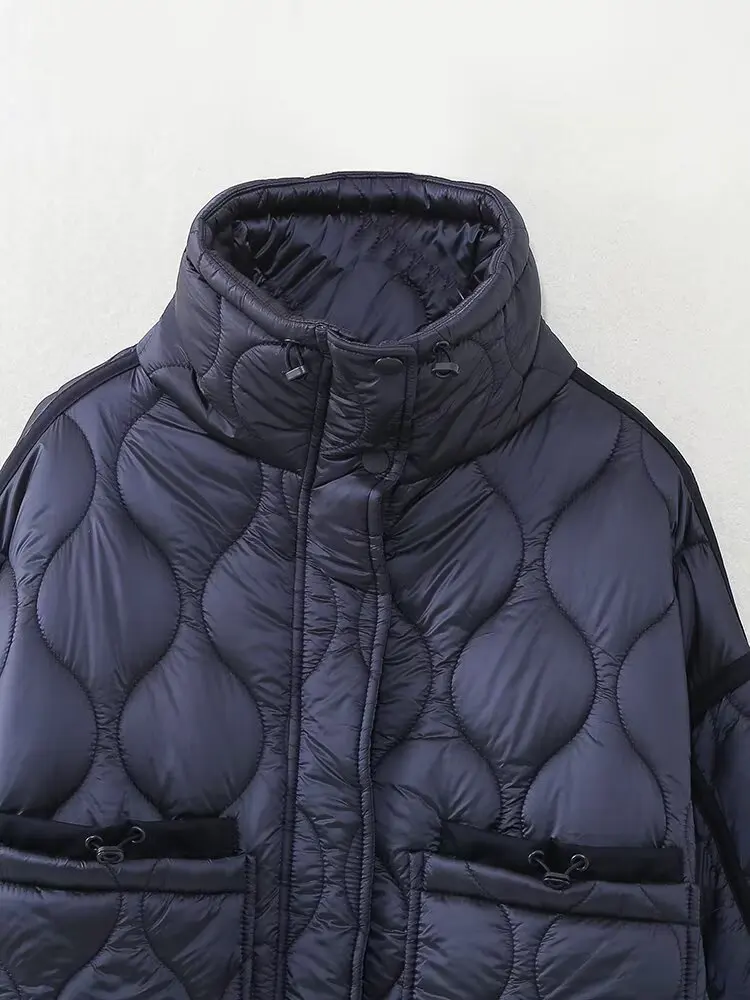 2027 Autumn Winter Women's Vintage Quilted Army Green Padded Coats Lady Elegant Drawstring High Neck Pockets Cotton Jacket Parka