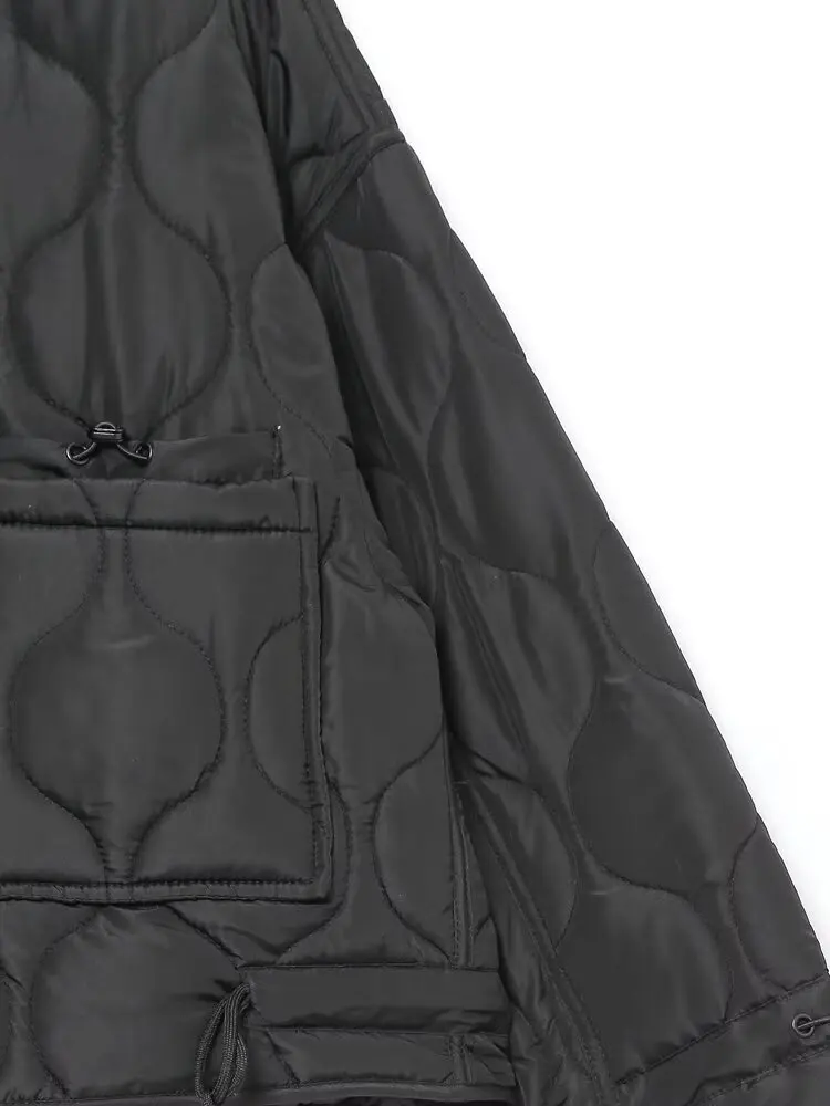 2027 Autumn Winter Women's Vintage Quilted Army Green Padded Coats Lady Elegant Drawstring High Neck Pockets Cotton Jacket Parka