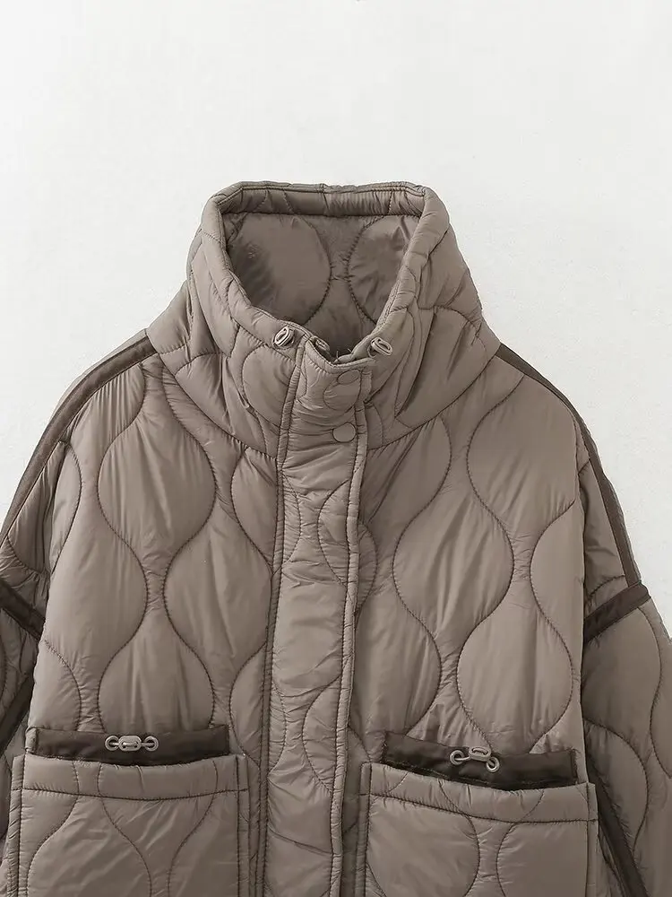 2027 Autumn Winter Women's Vintage Quilted Army Green Padded Coats Lady Elegant Drawstring High Neck Pockets Cotton Jacket Parka